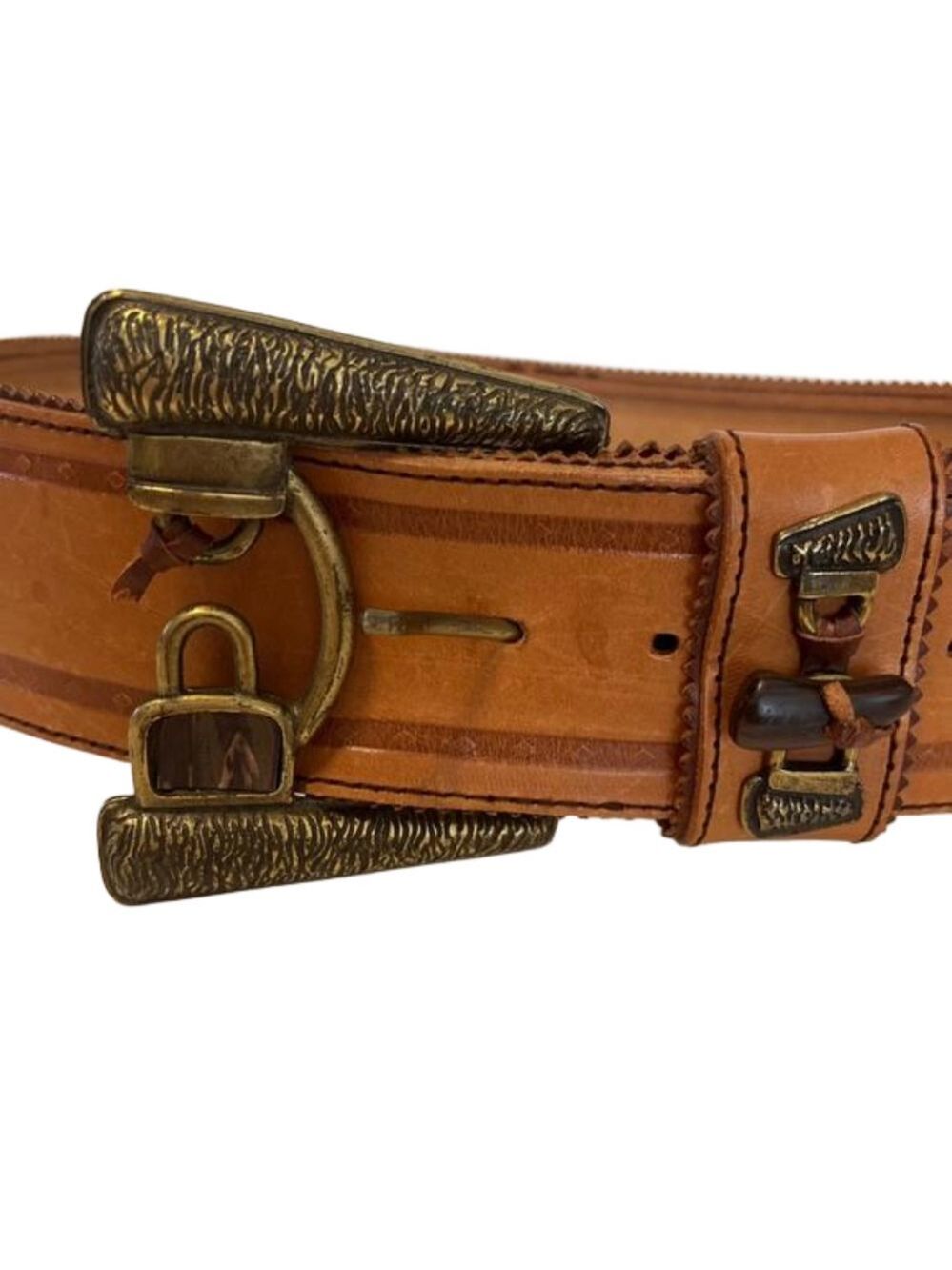 MINORONZONI Italian Vintage Leather Belt, Caramel Tan, Large Western Buckle, XL